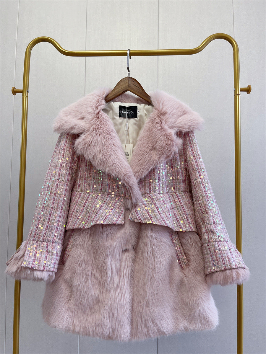 Women's Fashionable Sequins Wool Fur Coat