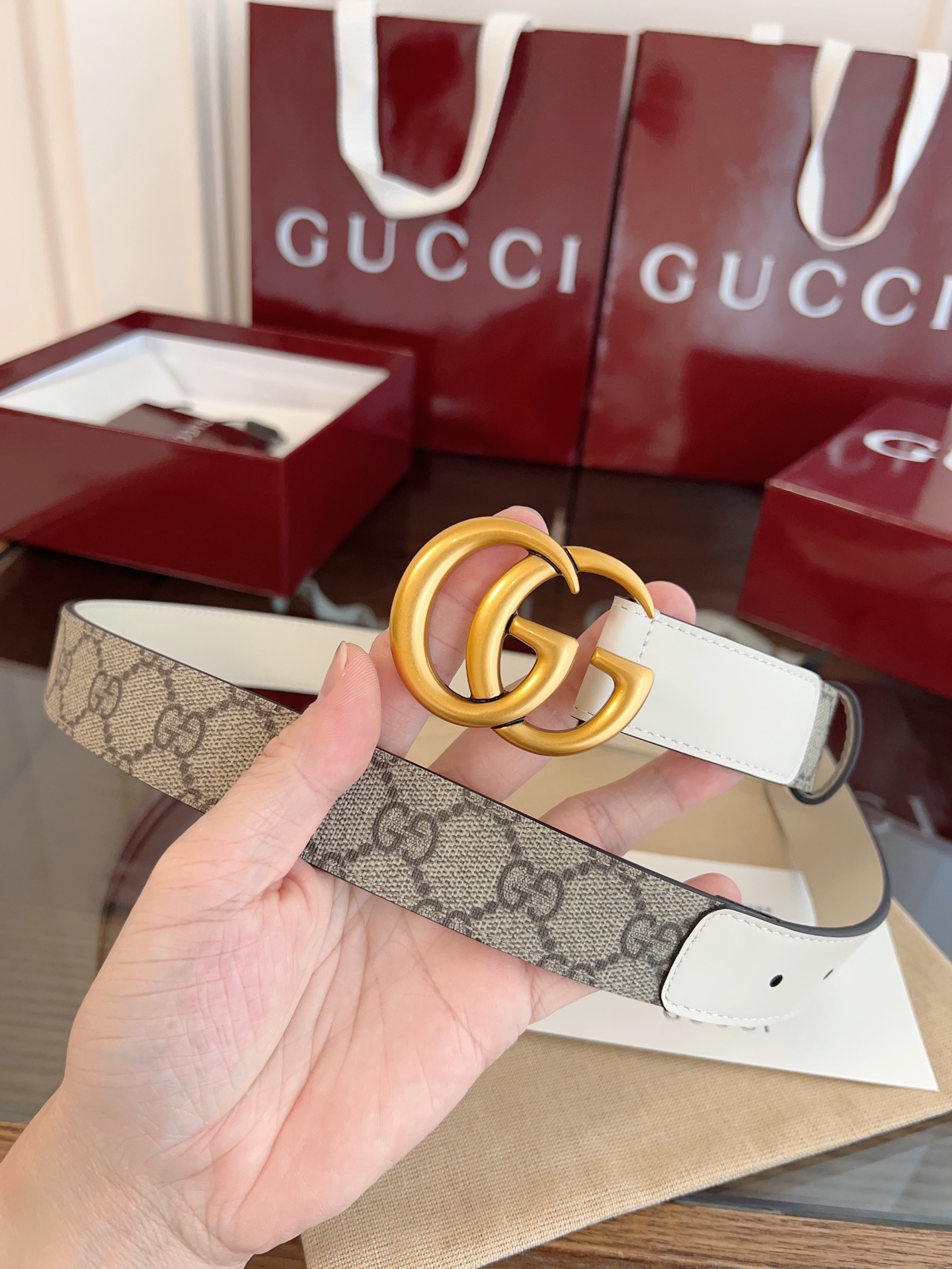 Gucci Double G steel buckle women's cowhide double-sided belt 3.0cm wide