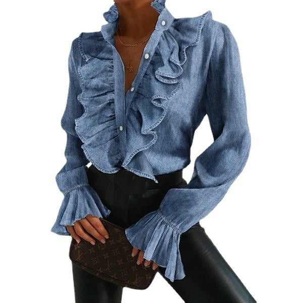 New ruffled flared sleeve pleated long sleeved shirt