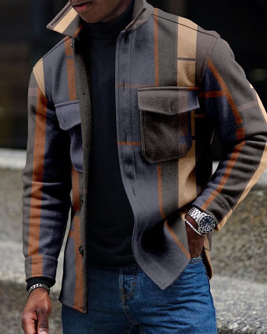 Men's Casual Blue Classic Retro Print Long Sleeve Jacket