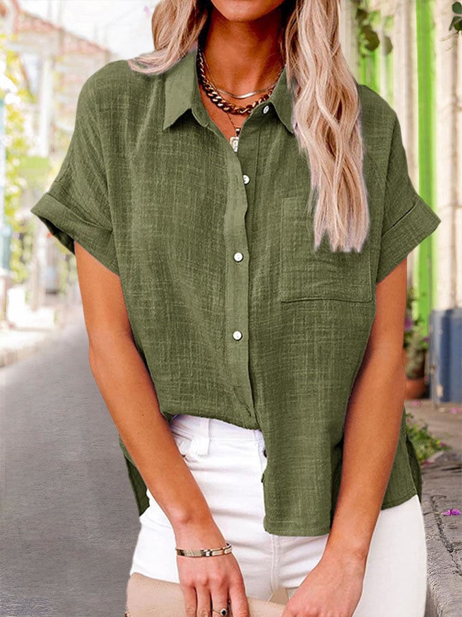 Solid Color Pocket Cotton And Linen Shirt