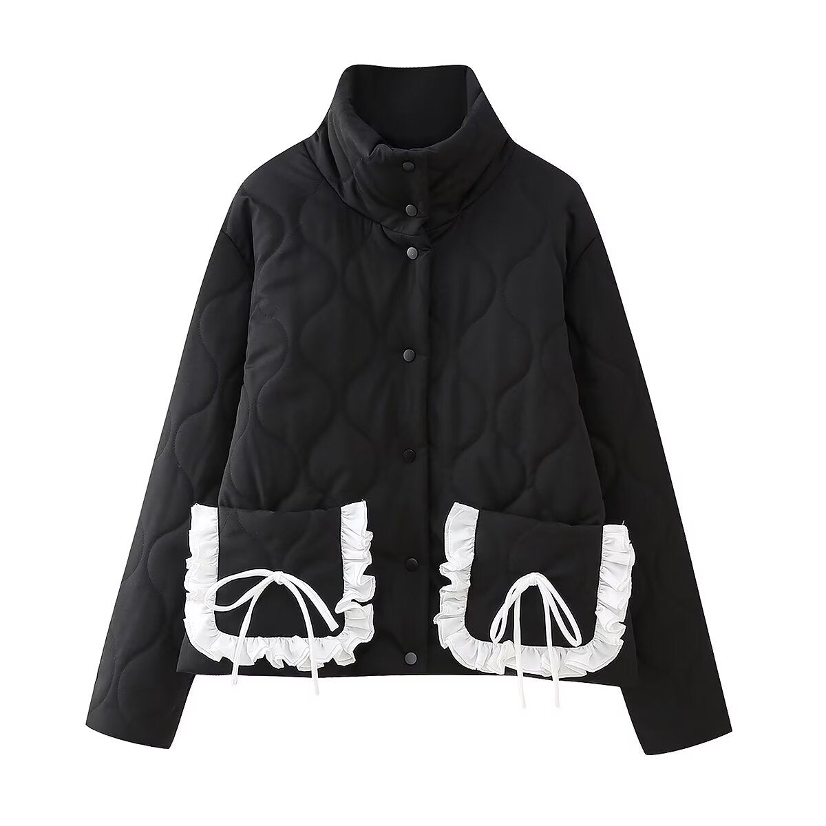 Spring Women Clothing Bowknot Pocket Decoration Stand up Collar Cotton Padded Coat