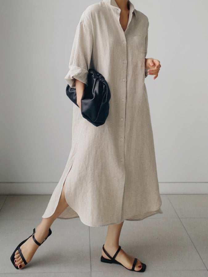 Women's Solid Color Single-Breasted Mid-Length Loose Cotton And Linen Casual Dress