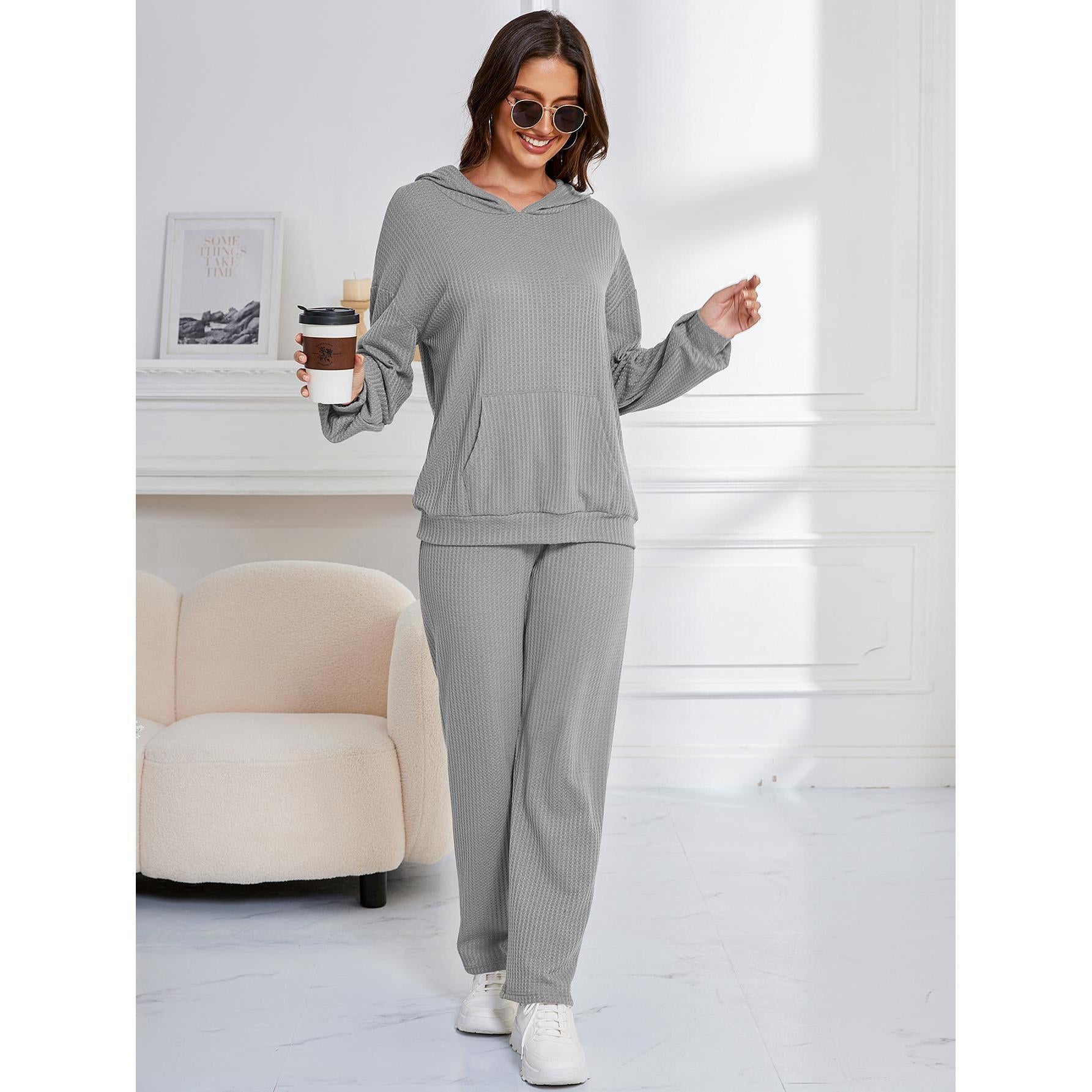 Hooded Casual Suit Women Pajamas Waffle Loose Long Sleeved Trousers Two Piece Home Wear