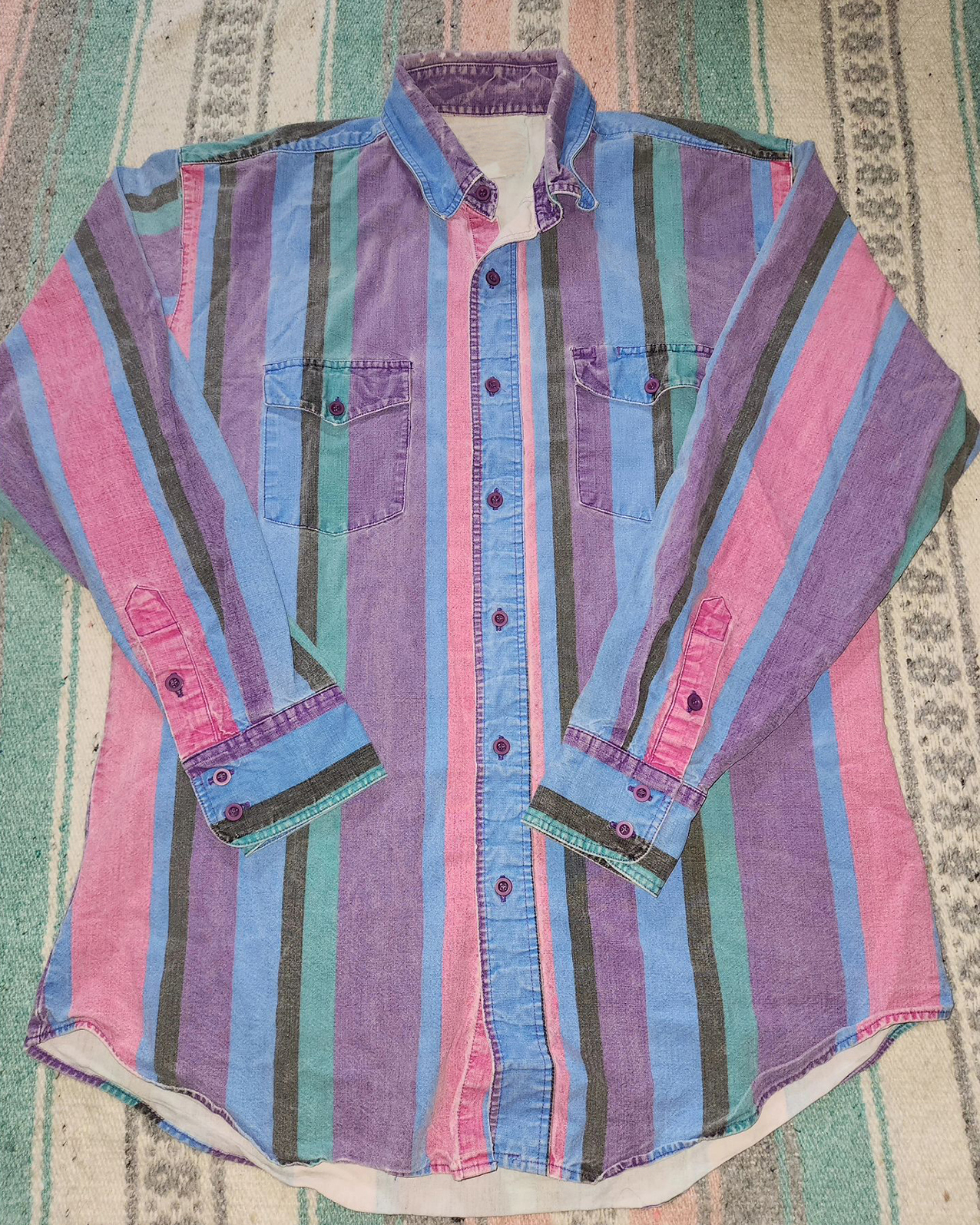 Men's Lapel Casual Western Purple Print Striped Shirt