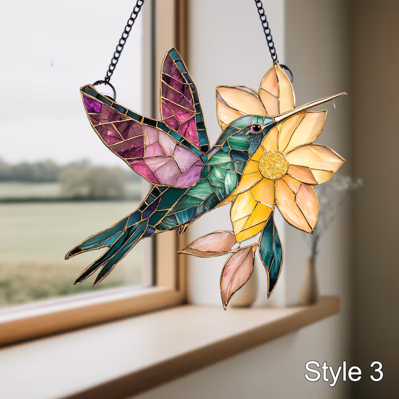 Hummingbird With Flower Stained Glass Effect Art Acrylic Suncatcher
