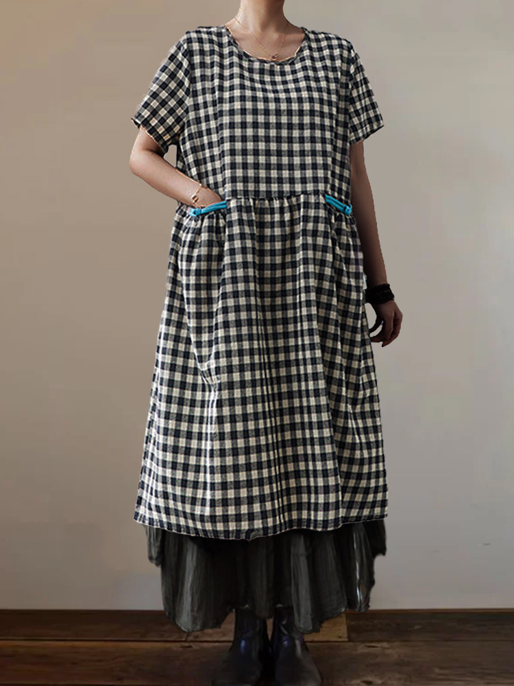Big Pockets Check Pleated Maxi Dress