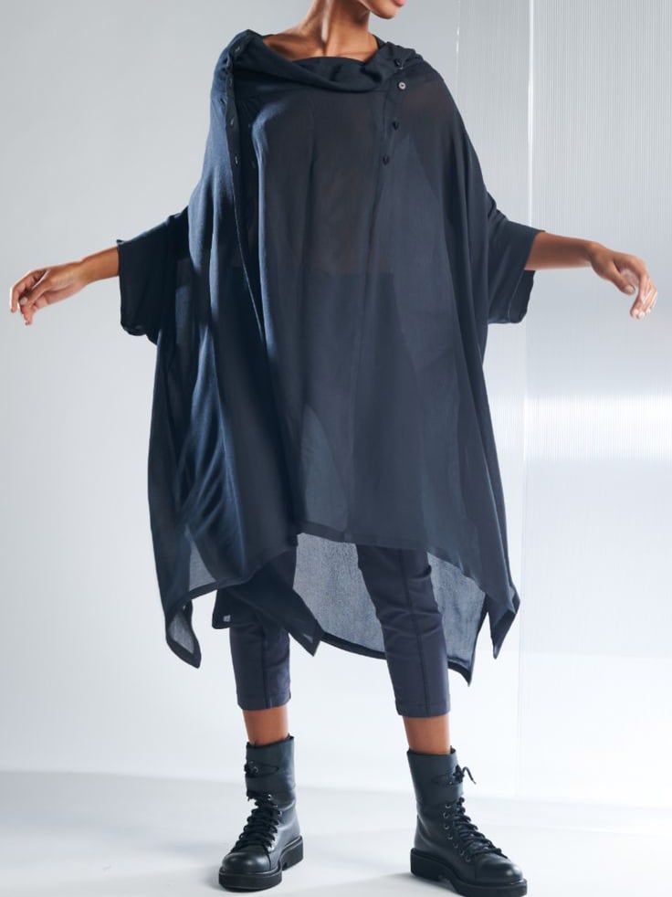 Loose Solid Color Pile Neck Asymmetric Hem Midi Shirt