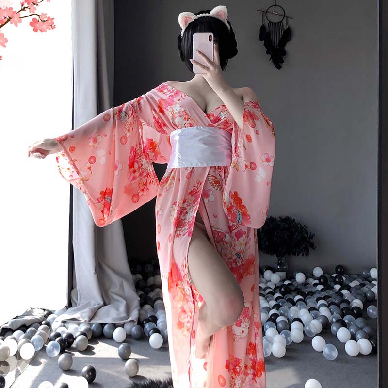 Sakura Cat Print Japanese Kimono Lingerie Dress