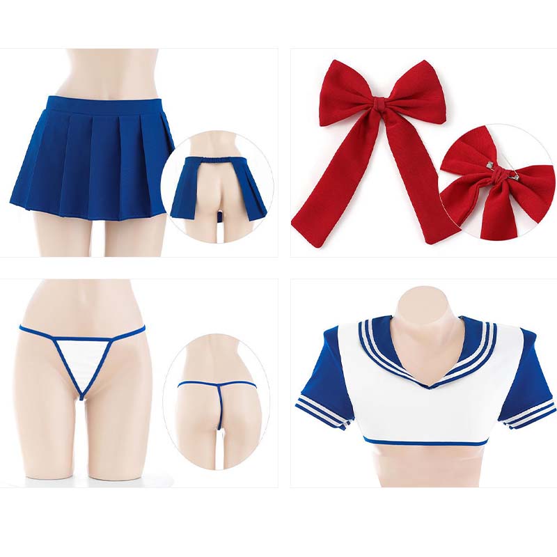 School Style Colorblock Top Hollow Out Skirt Lingerie Stockings Set