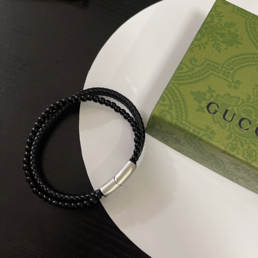 Gucci Braided Leather & Black Beads Bracelet