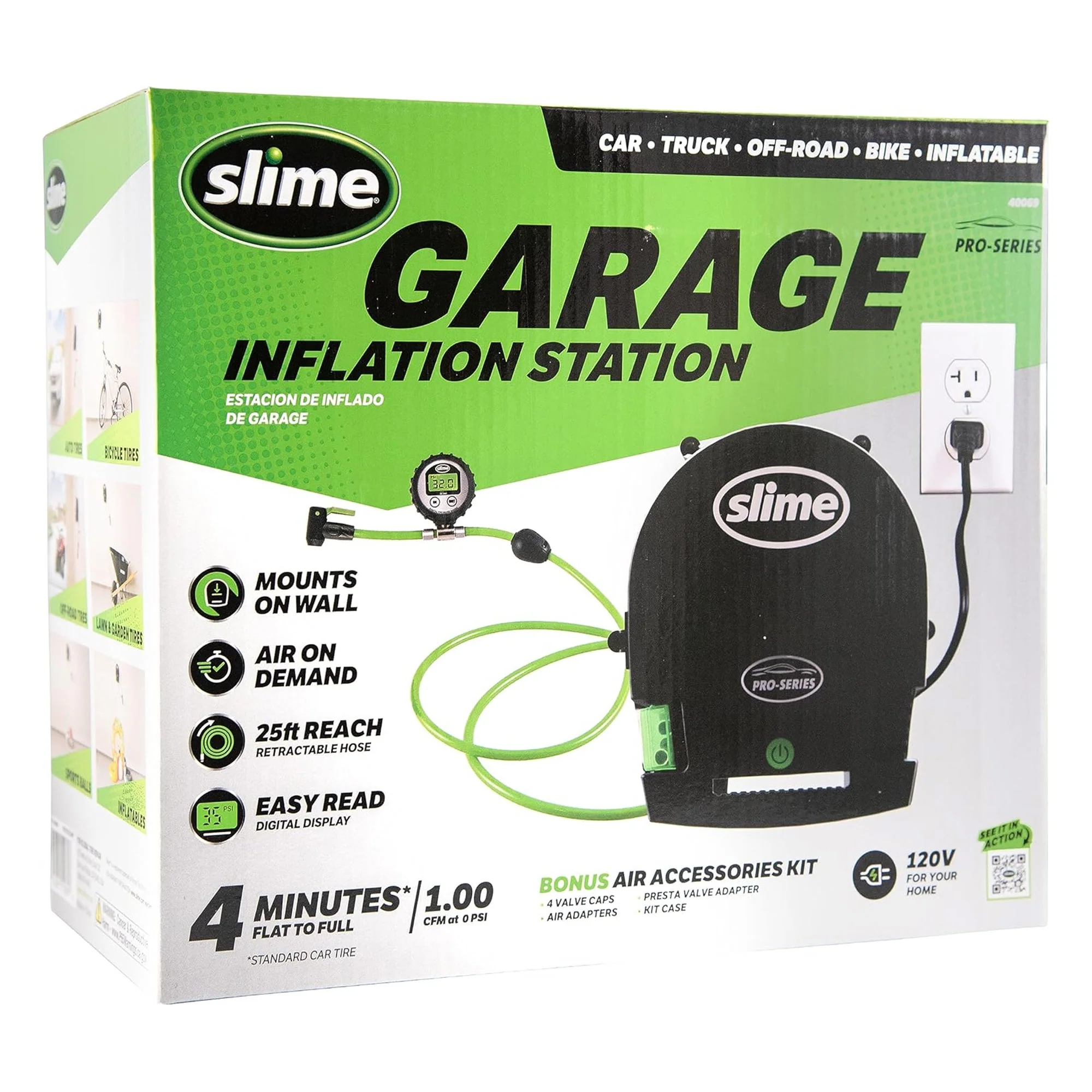 Slime Wall Mounted Garage Air Inflation Station, Cars, Trucks, Bicycles, 120V