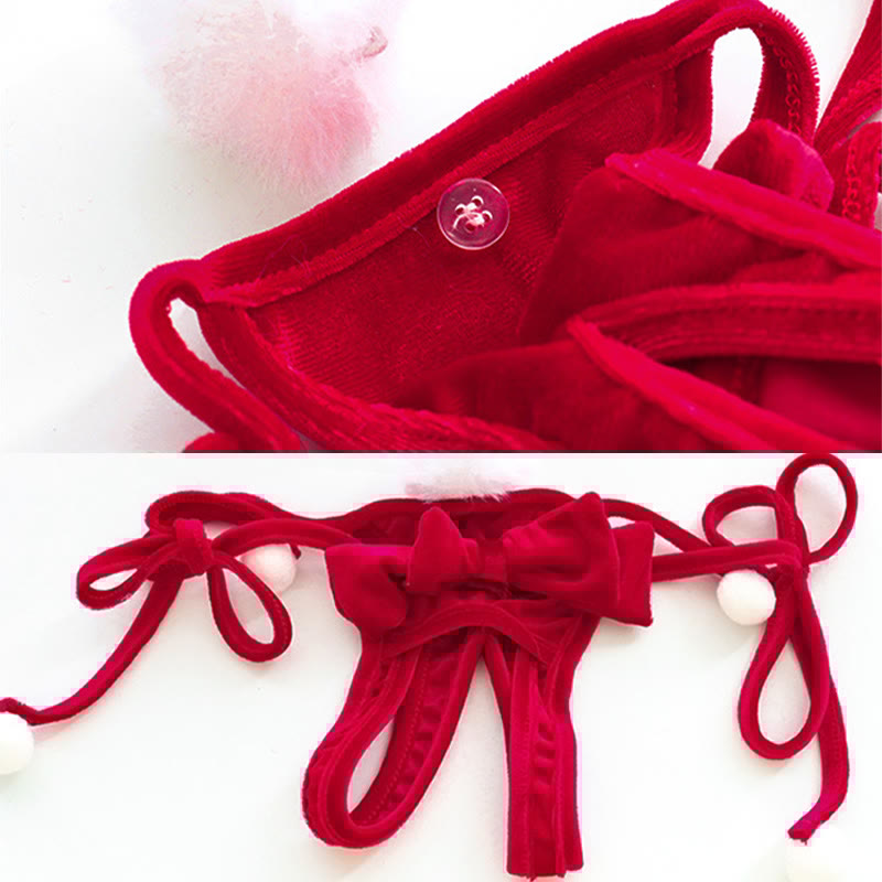 Fuzzy Ball Bow Bikini Lingerie Set