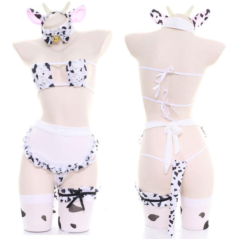 Cute Cow Bow Ruffle Headband Lingerie Set