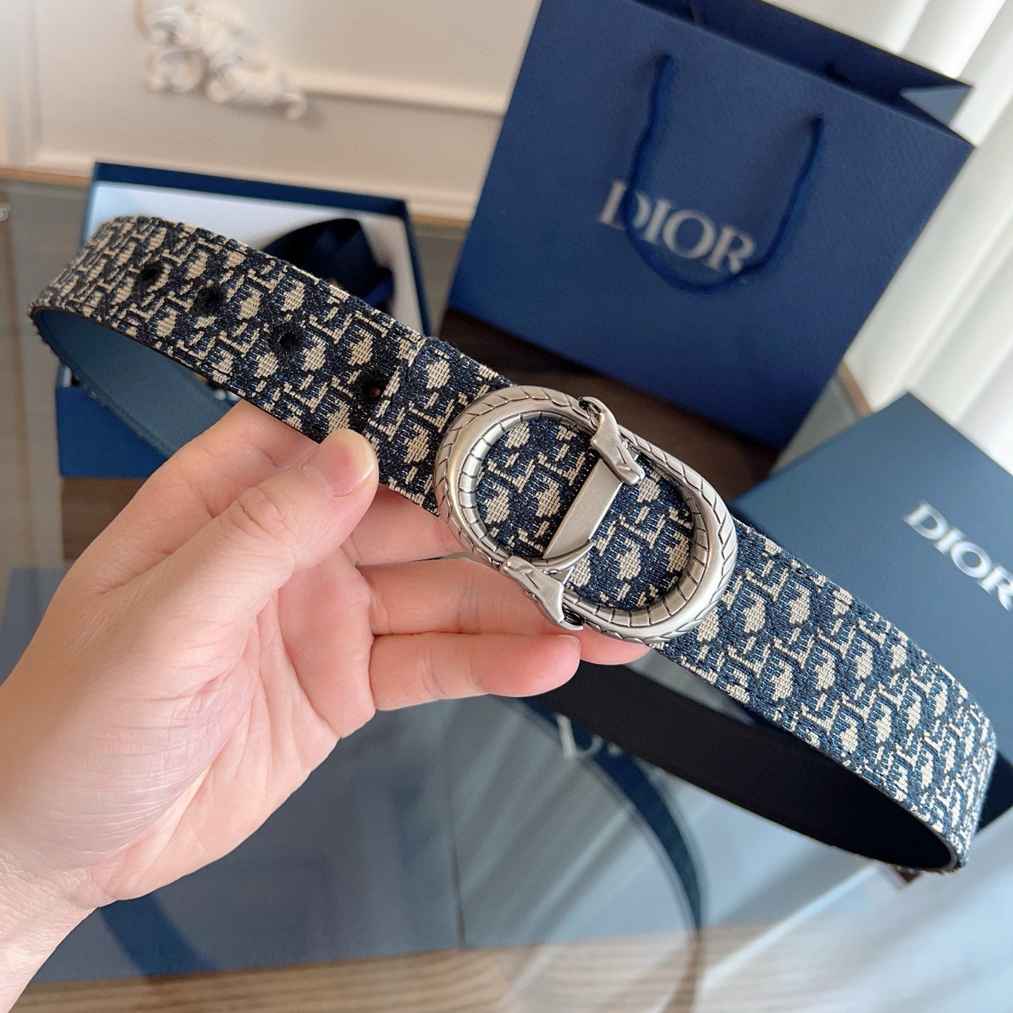 Dior Oblique Blue Cloth Black Cowhide Leather Strap 3.5cm Wide