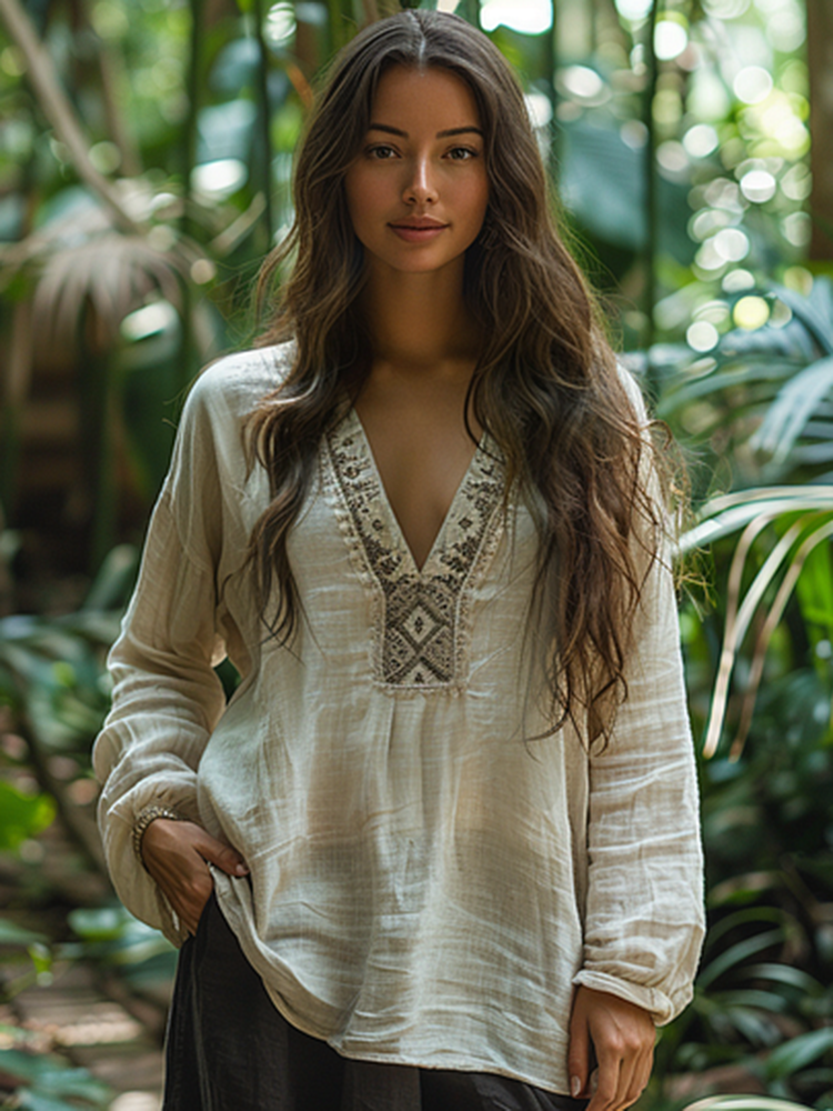 Bohemian Tribal Embroidery Print Cotton And Linen Blend Loose Blouse