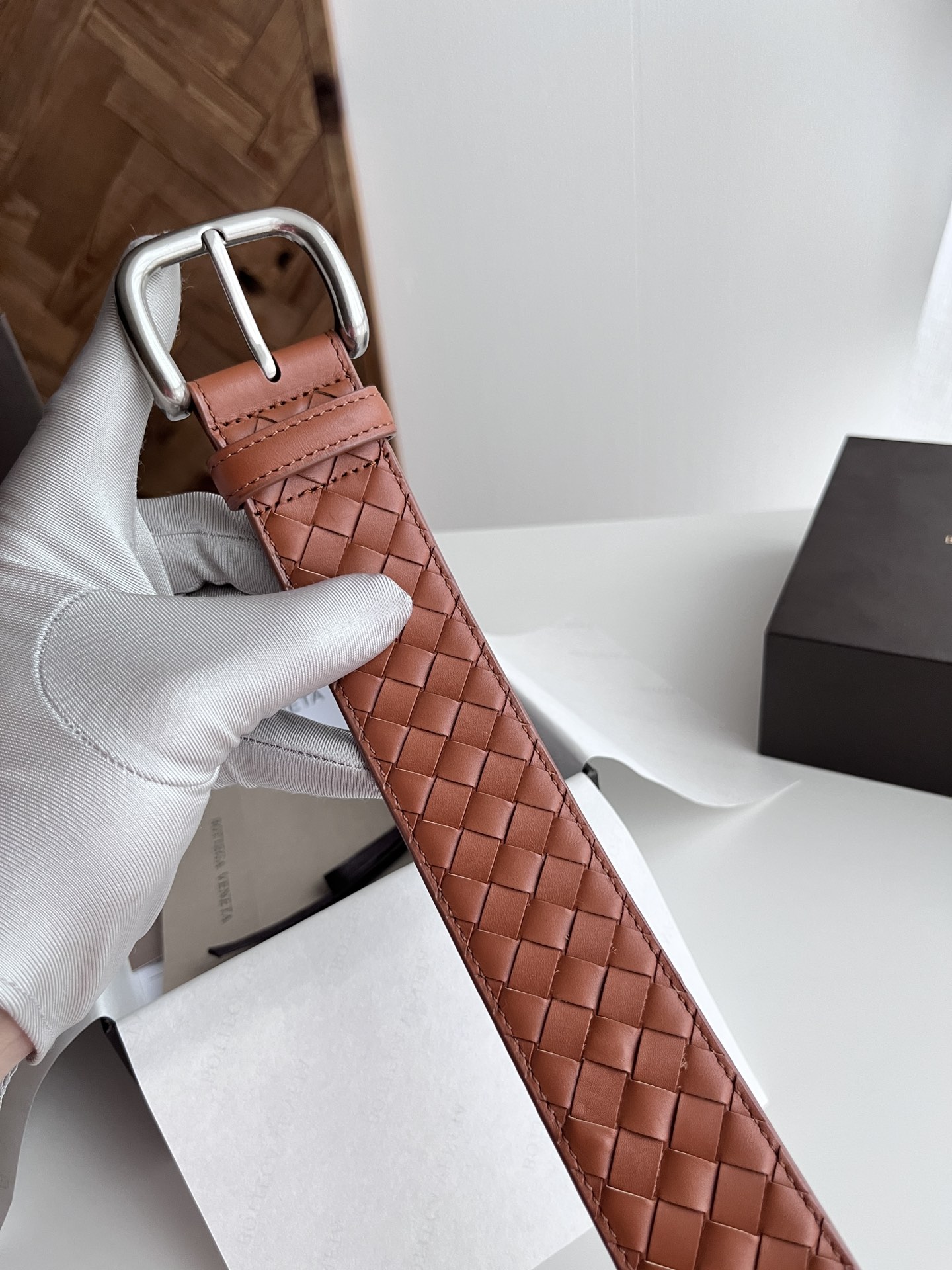Bottega Veneta intreccio woven cowhide double-sided belt width 4.0cm