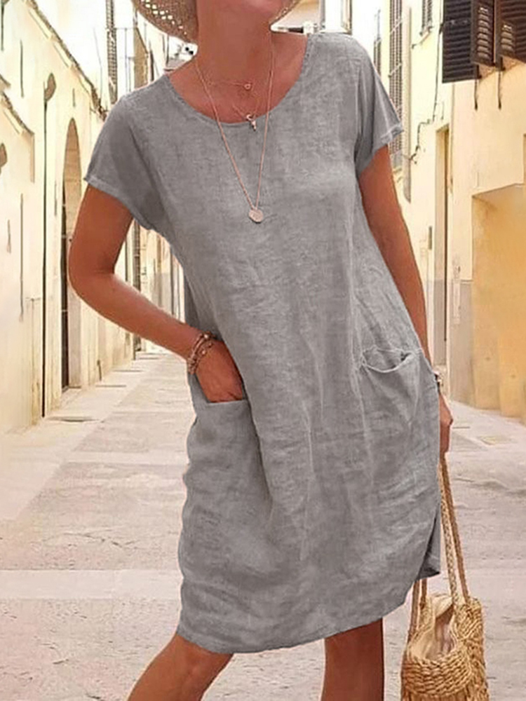 Loose Solid Pocket Short Sleeve Round Neck Midi Dress