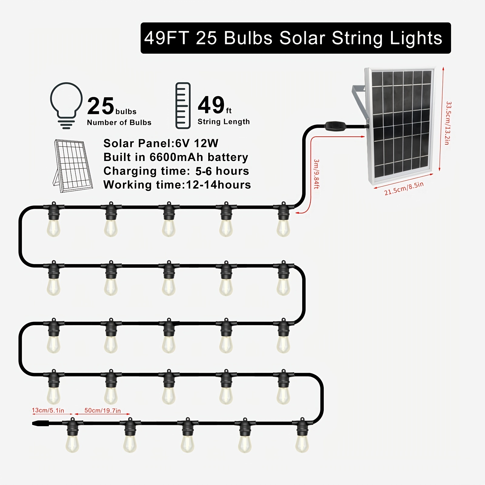Solar String Lights Outdoor Waterproof LED Shatterproof 25FT/49FT Heavy Duty Outdoor String Lights Solar Powered With Plastic Hanging S14 Bulbs