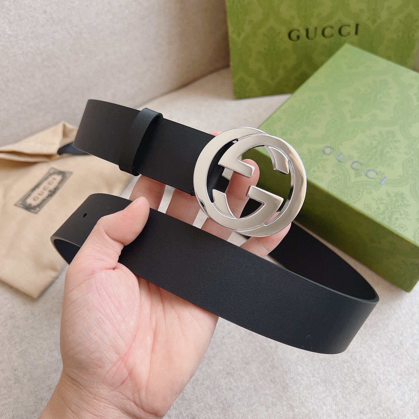 Gucci Interlocking Double G Buckle Leather Belt 4.0cm Width