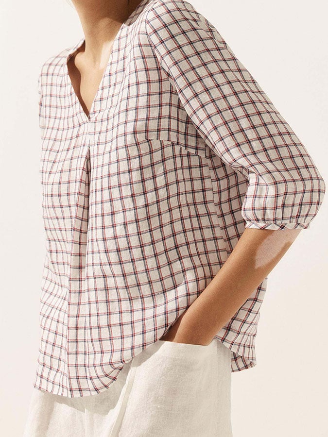 Women's Casual Checked Linen Classic Doll Collar Top