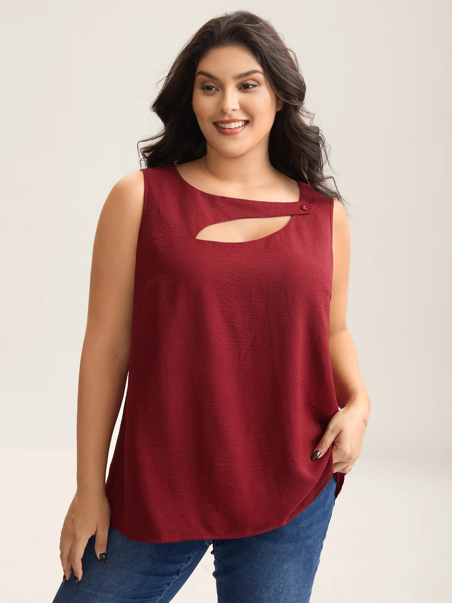 Asymmetrical Neckline Cut-Out Solid Tank Top