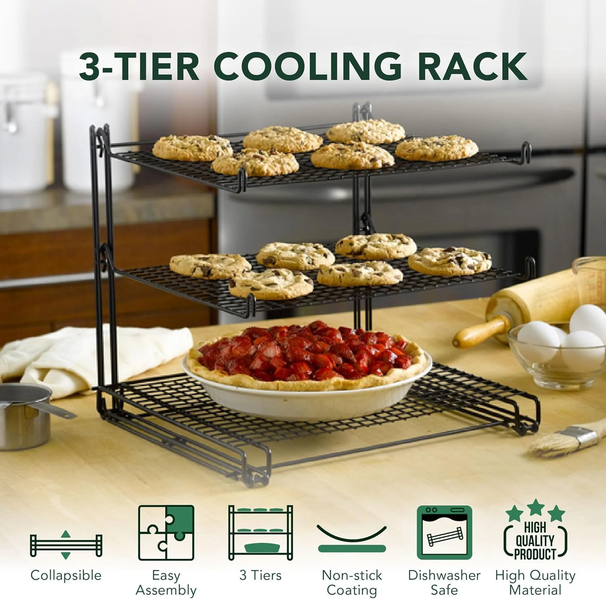 Nifty 3-Tier Non-Stick Coating Wired Cooling Rack Organizer, Black, 13.5x12x11.5 Inches