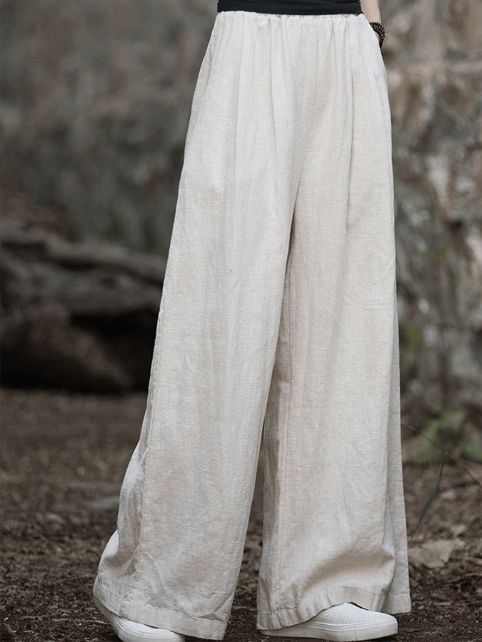 Women's Solid Color Loose Elastic Waist Casual Cotton And Linen Pants