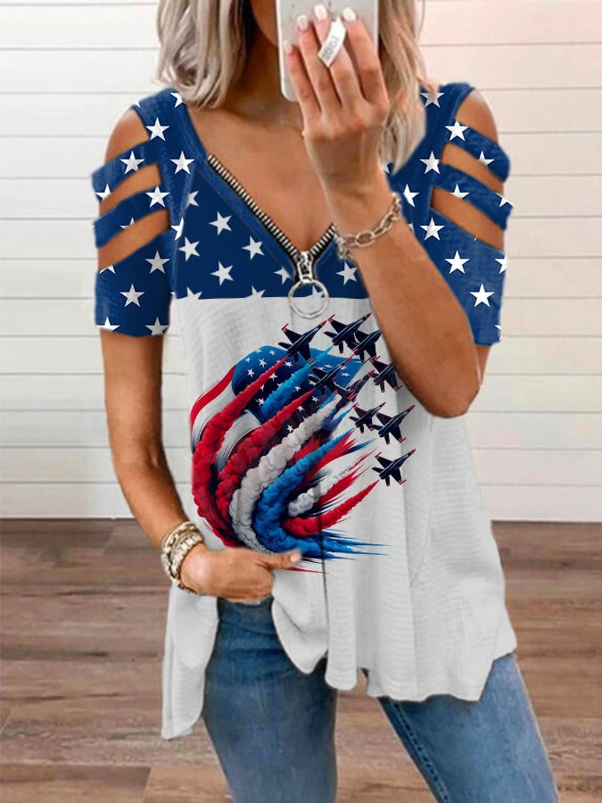 Women's American Flag Jet Fighter Print V-Neck T-Shirt