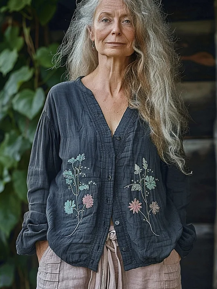 Bohemian Style Linen Floral Art Print Long Sleeve Loose  Shirt