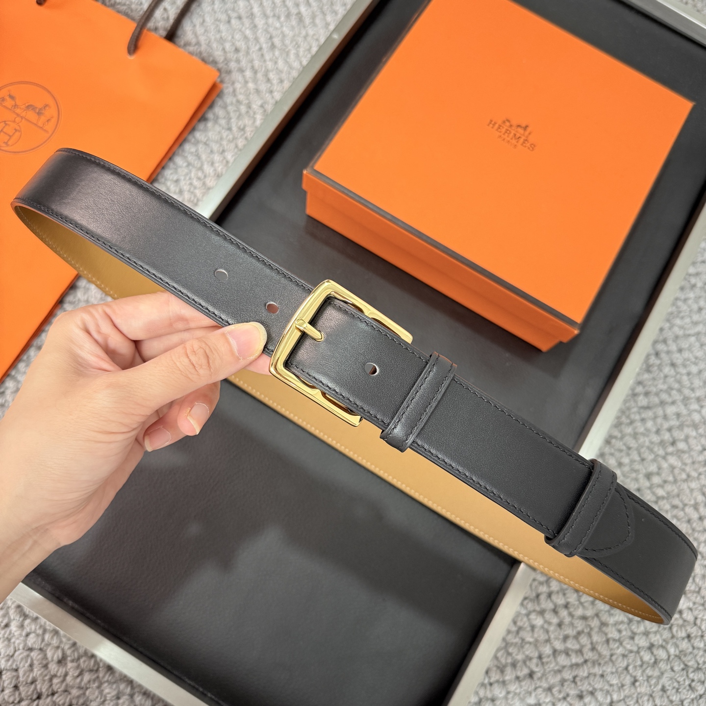 Hermès BoxTogo calfskin double-sided belt 3.2CM wide