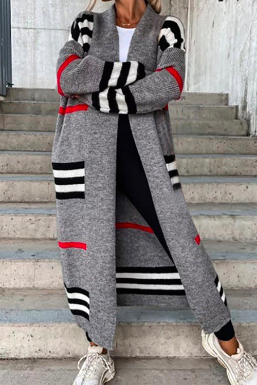 Heididress Open Front Color Block Striped Splice Long Sweater Cardigan