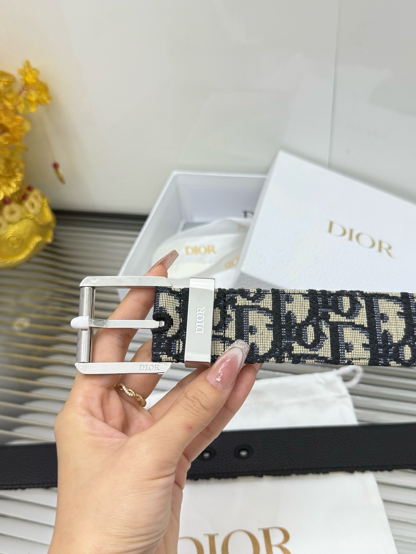 Dior pin buckle canvas leather belt 3.5CM wide