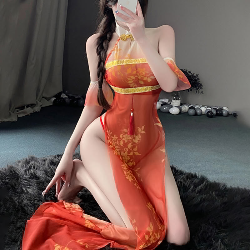 Vintage See-through Tassel Cheongsam Lingerie Dress