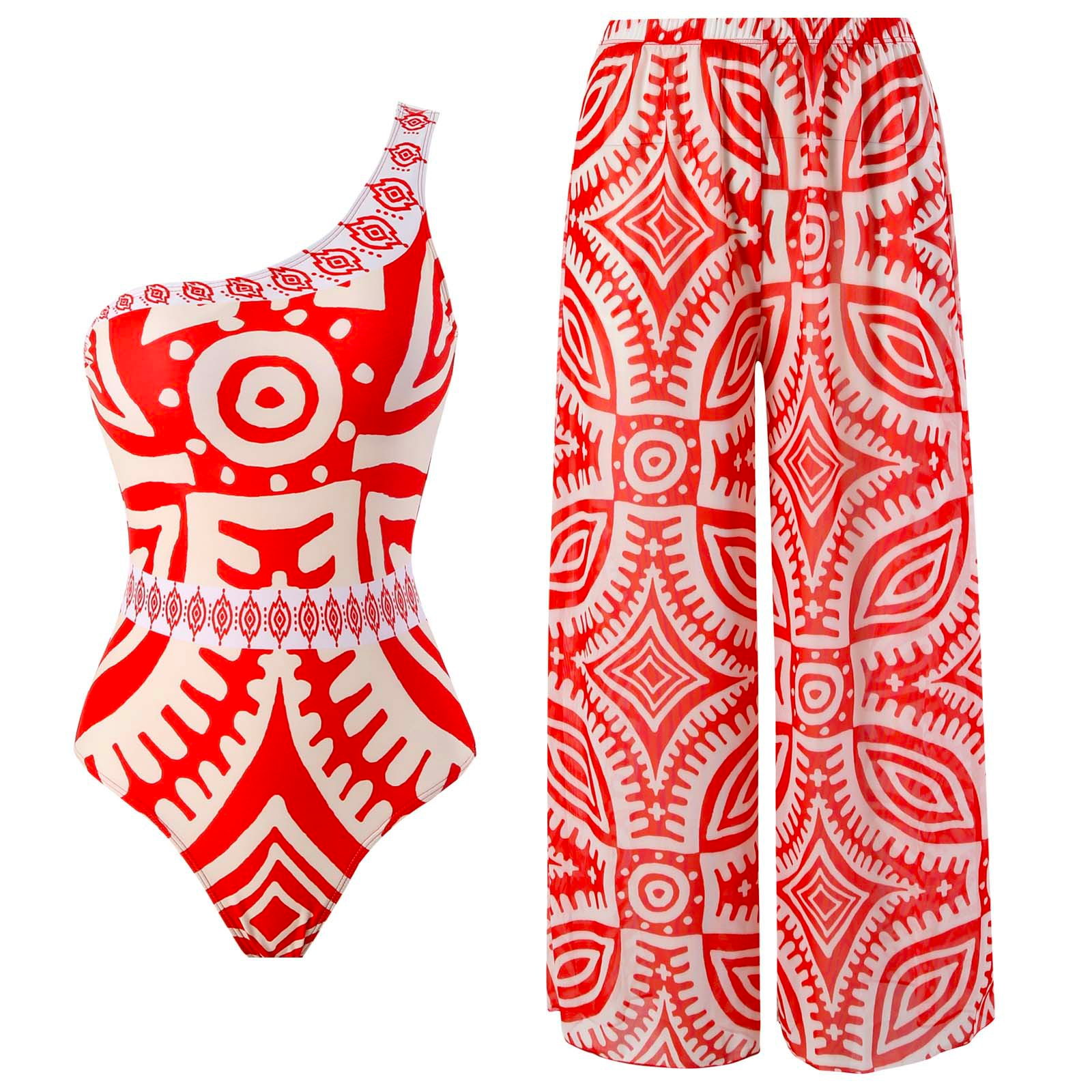 Heididress Printed One Shoulder Tummy Control Swimsuit and Wide Leg Cover Up Pants Set