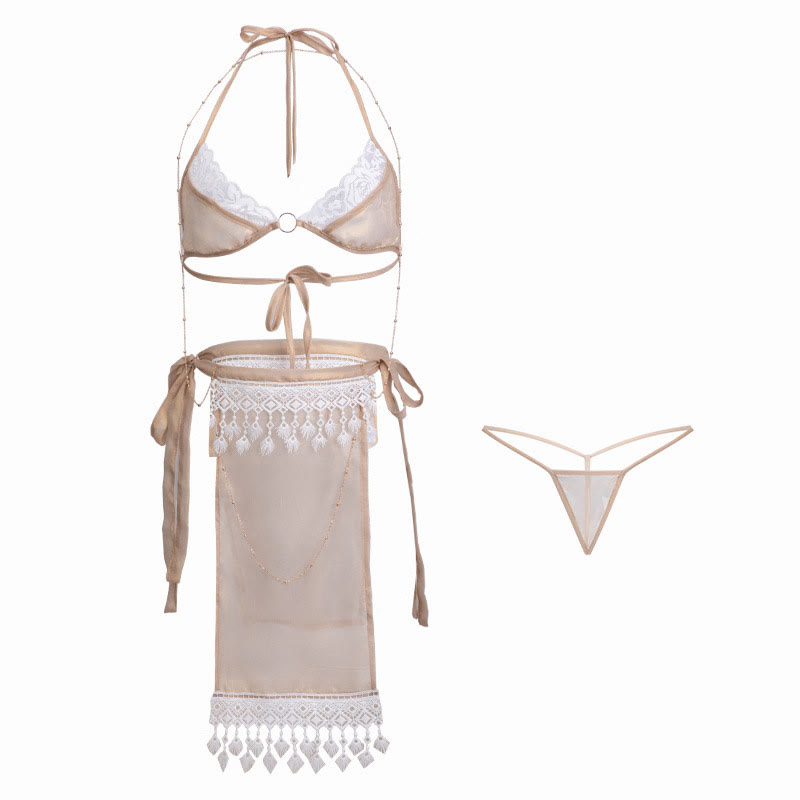 Sexy Lace-up Lace Bra Tassel See-through Skirt Lingerie