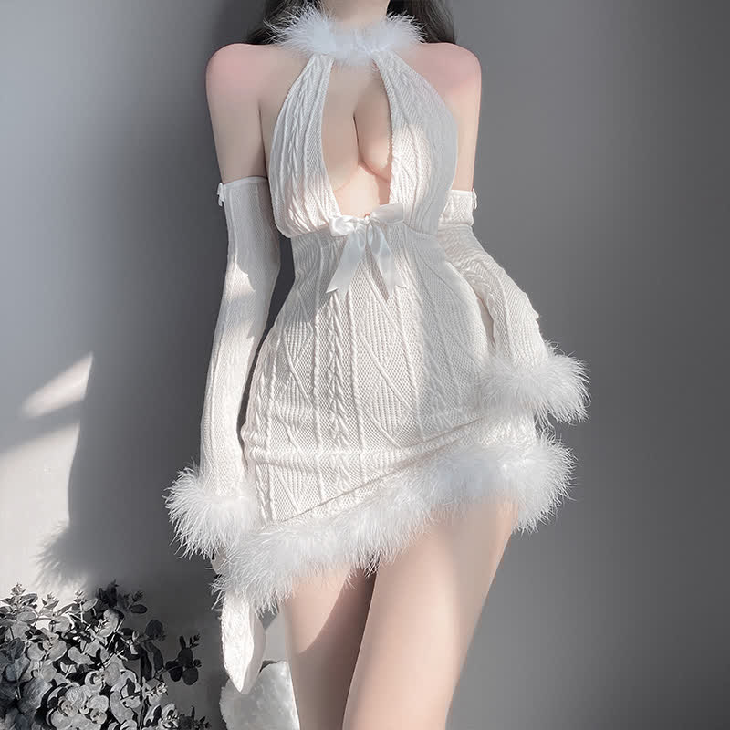 Halter Deep V-neck Velvet Stitching Lace Up Knit Lingerie Dress