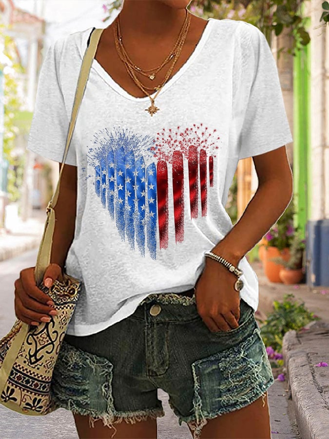 Women'S V-Neck Independence Day Vintage Casual T-Shirt