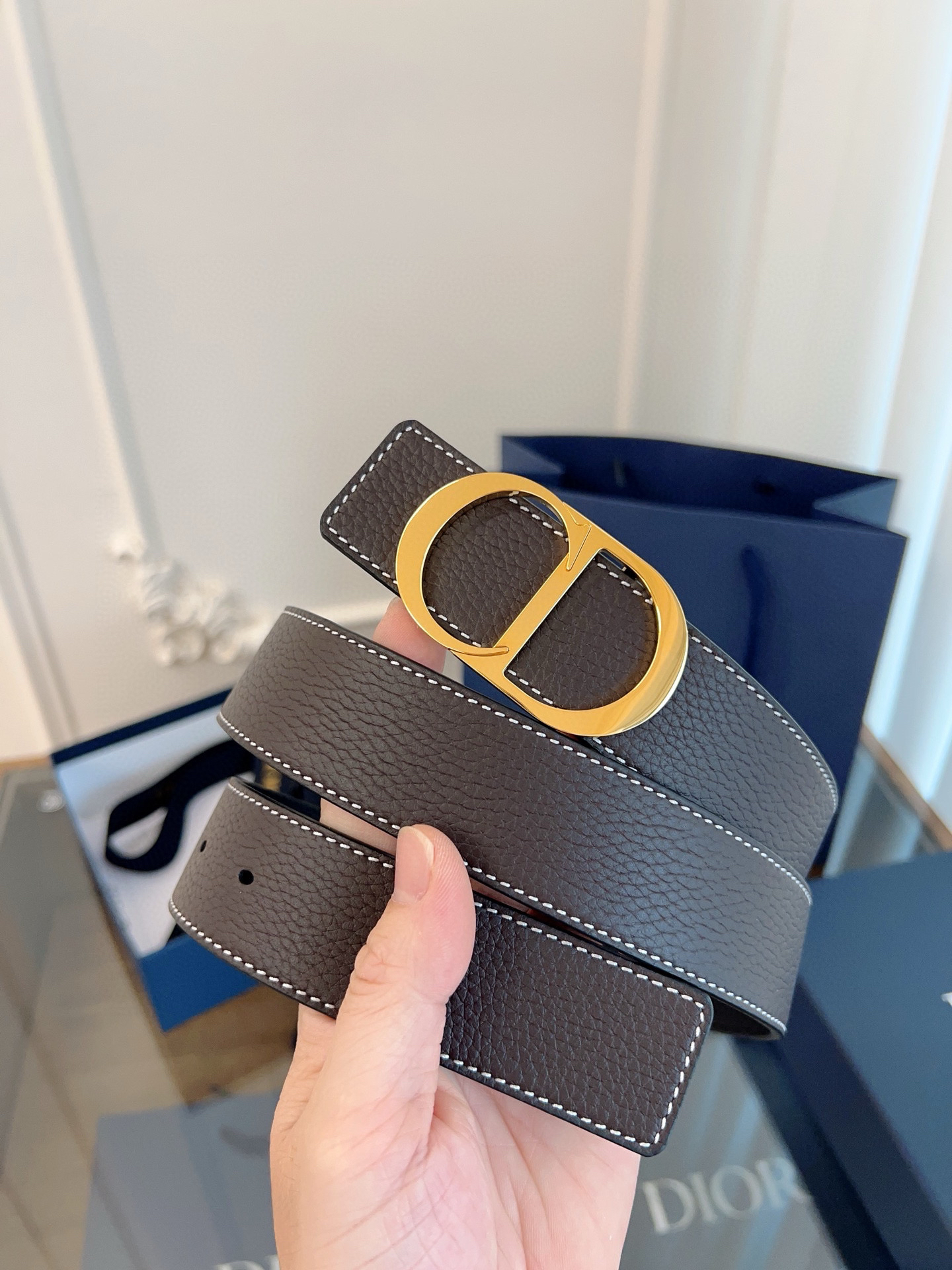 Dior coffee black double-faced cowhide belt width 3.5cm