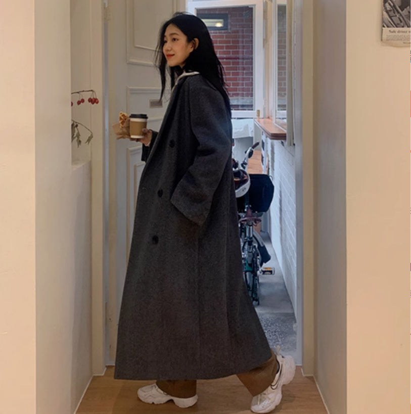 Ultra Long High-End Gray Thick Front Shoulder Coat
