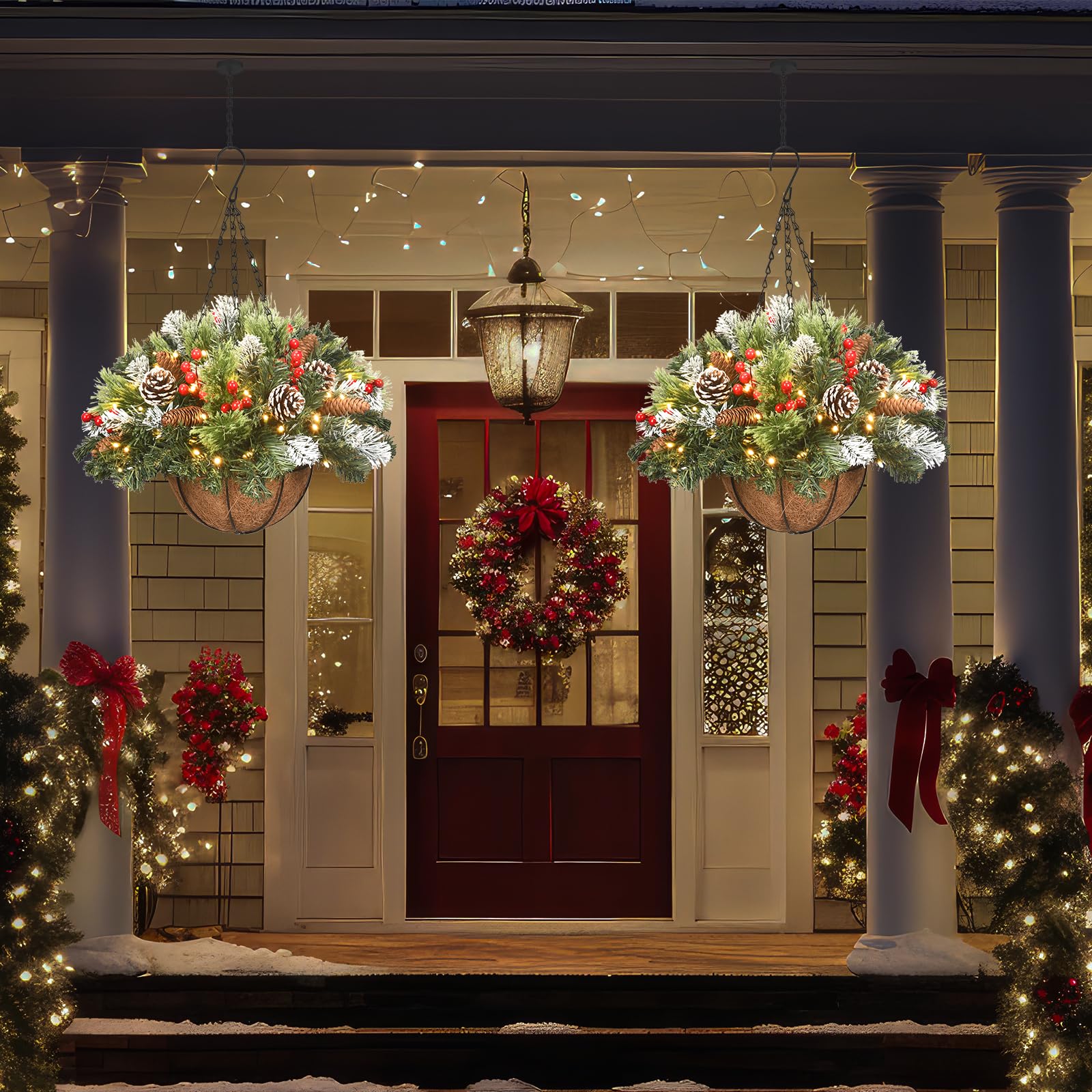 🔥Last Day 50% OFF🔥Pre-lit Artificial Christmas Hanging Basket - Flocked with Mixed Decorations and White LED Lights - Frosted Berry