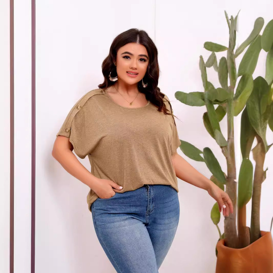 Plus Size Fastener Decoration Short-Sleeved T shirt for Women Casual Office Three Quarter Sleeve Top for Women