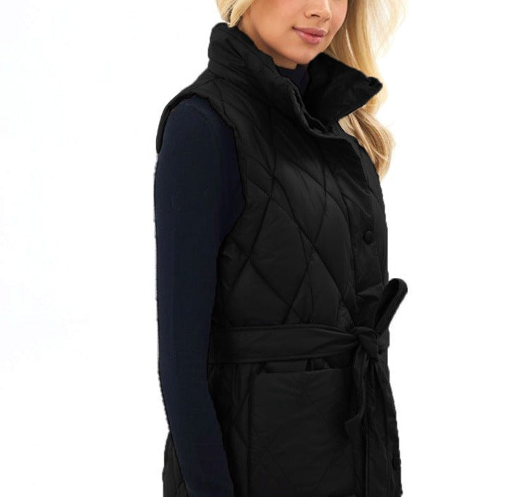 Mid-Length Women's Down Cotton Vest with a Station Collar