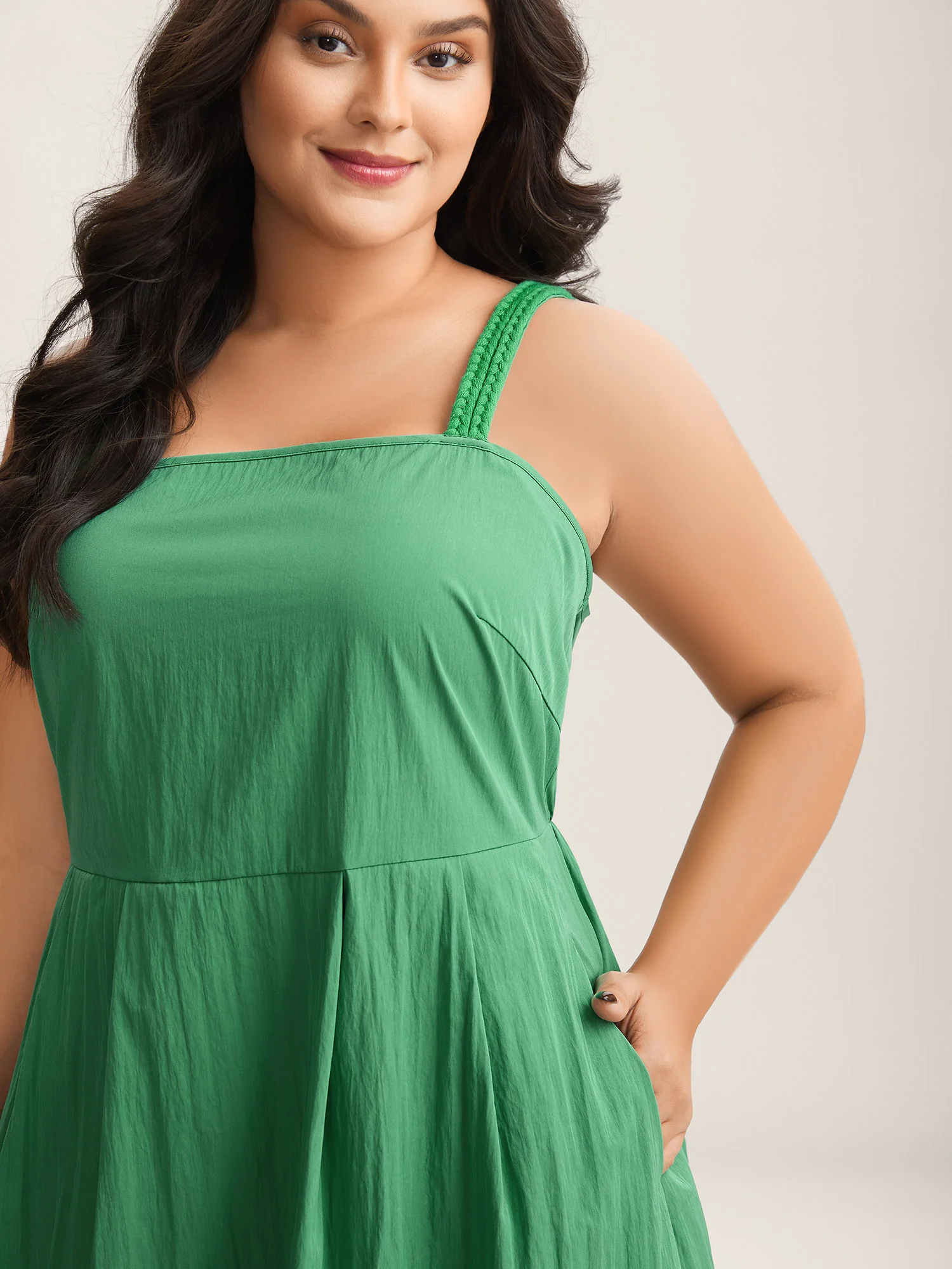 Solid Adjustable Straps Pockets Midi Dress