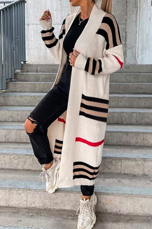 Heididress Open Front Color Block Striped Splice Long Sweater Cardigan
