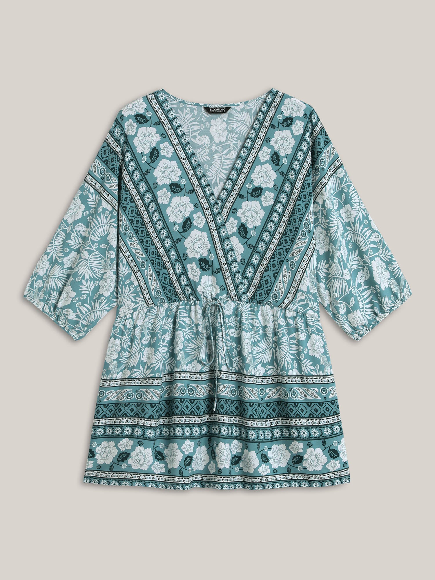 Floral Print Surplice Neck Waist-Cinched Shirt