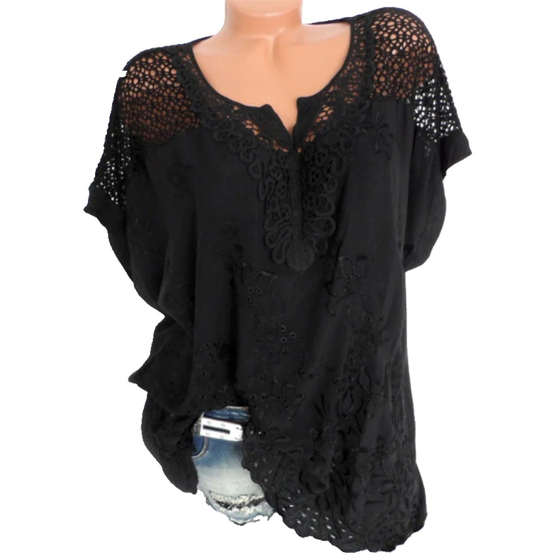 (S-6XL)Damskie koronki V-Neck haftowane krótki rękaw Batwing