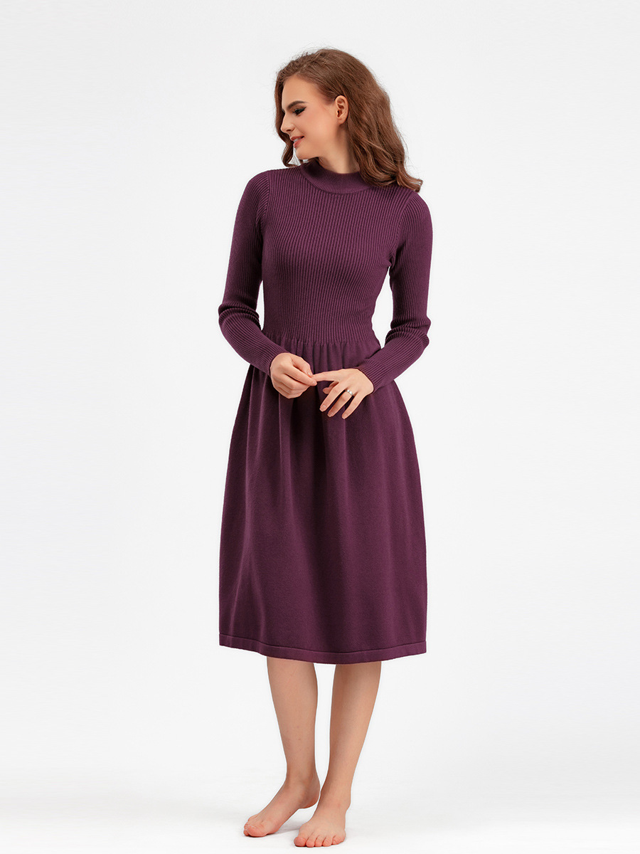 Autumn and winter half-high collar large pendulum long style knitted dress waist show thin long sleeve simple temperament sweater bottom skirt woman
