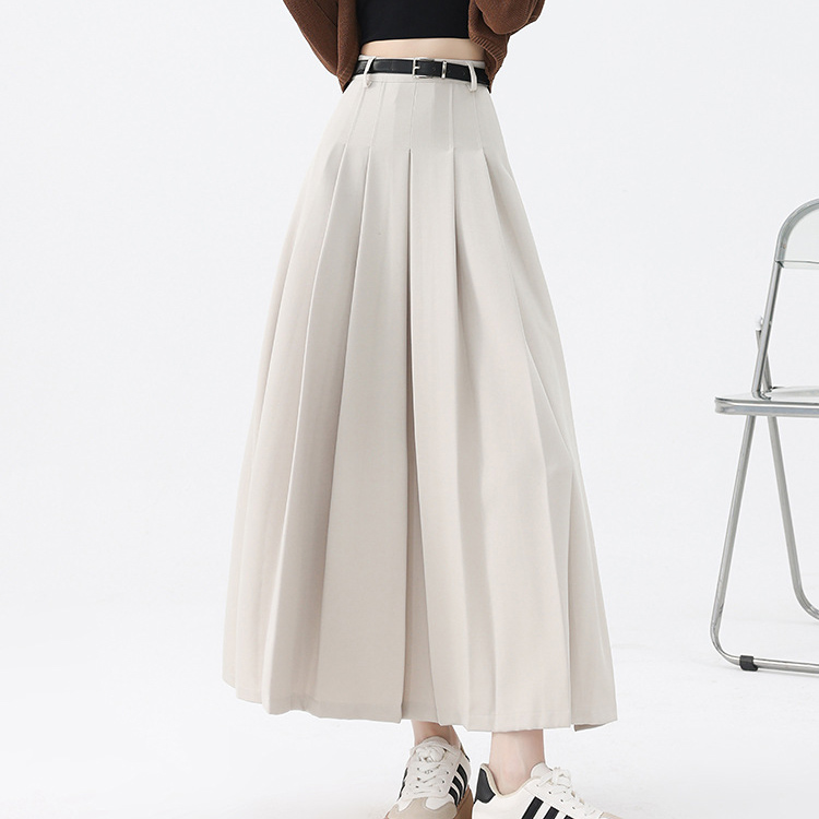 White High waist show thin pleated skirt belt suit skirt