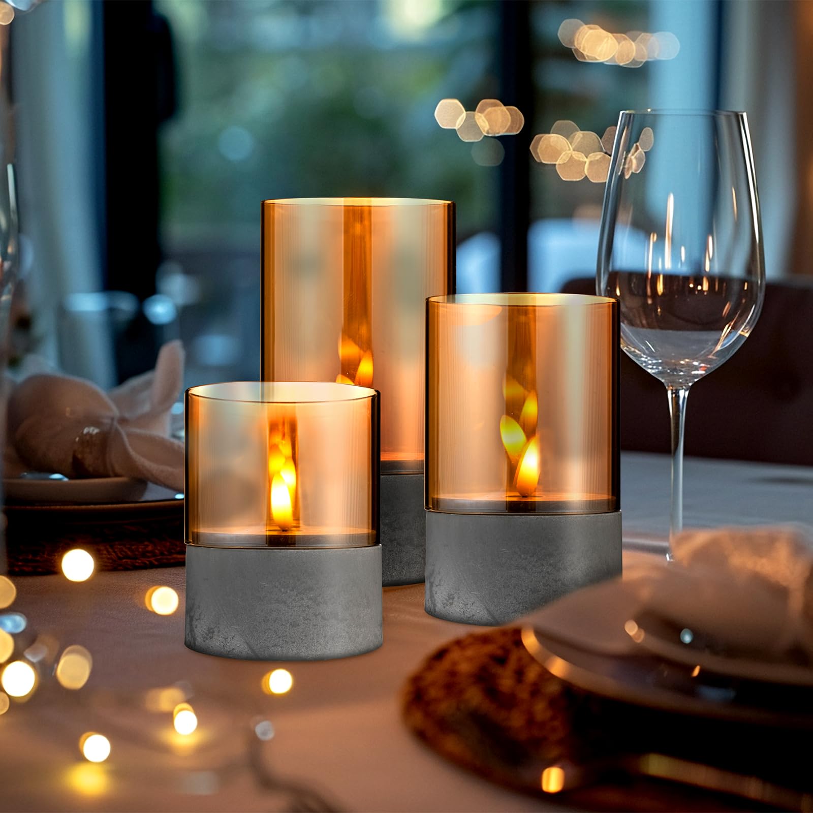 Set of 3 Gold Glass LED Candles with Imitation Cement Base - Battery Operated Candle Set with Cover